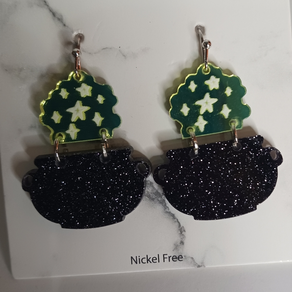 Black glitter cauldron with green smoke or steam earrings